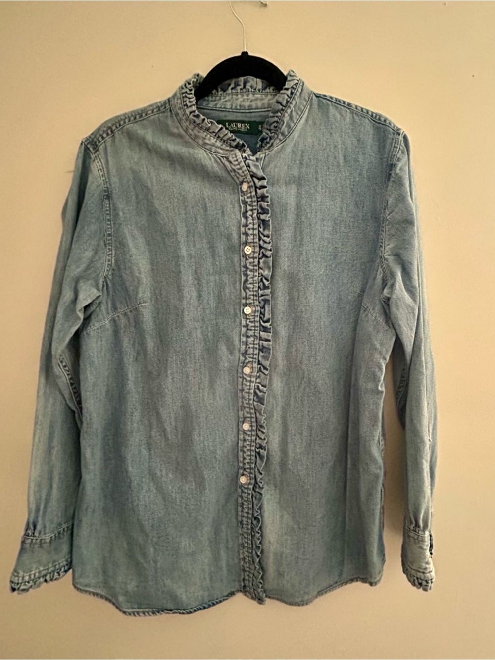 Ralph Lauren Chambray Ruffle Button Down Shirt; size 1X